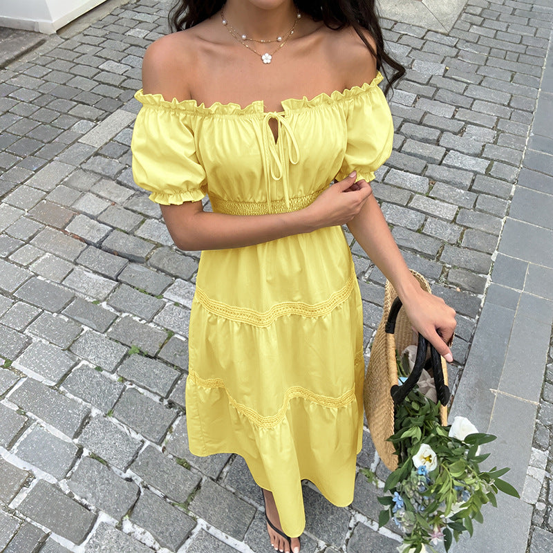 Solid Woven Maxi Dress Resort Smocked Puff Sleeve