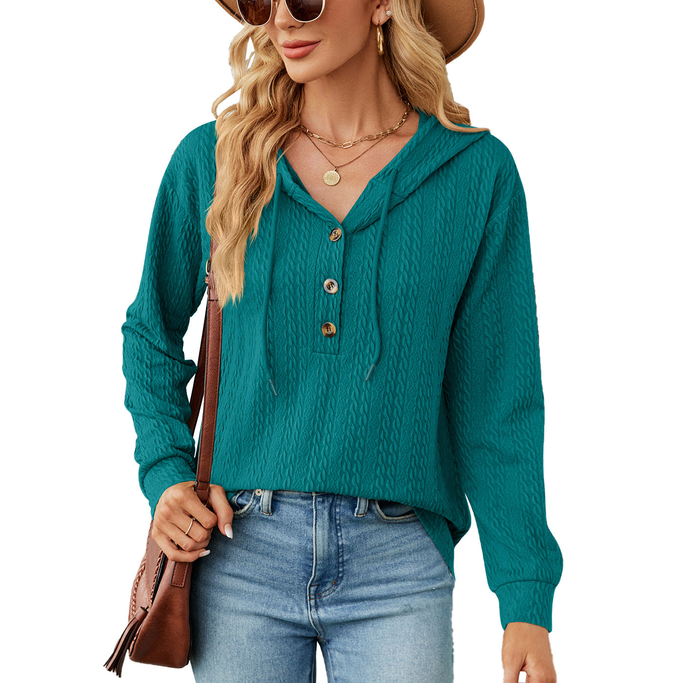 Women's Oversized Hooded Button V-Neck Long Sleeve Sweater