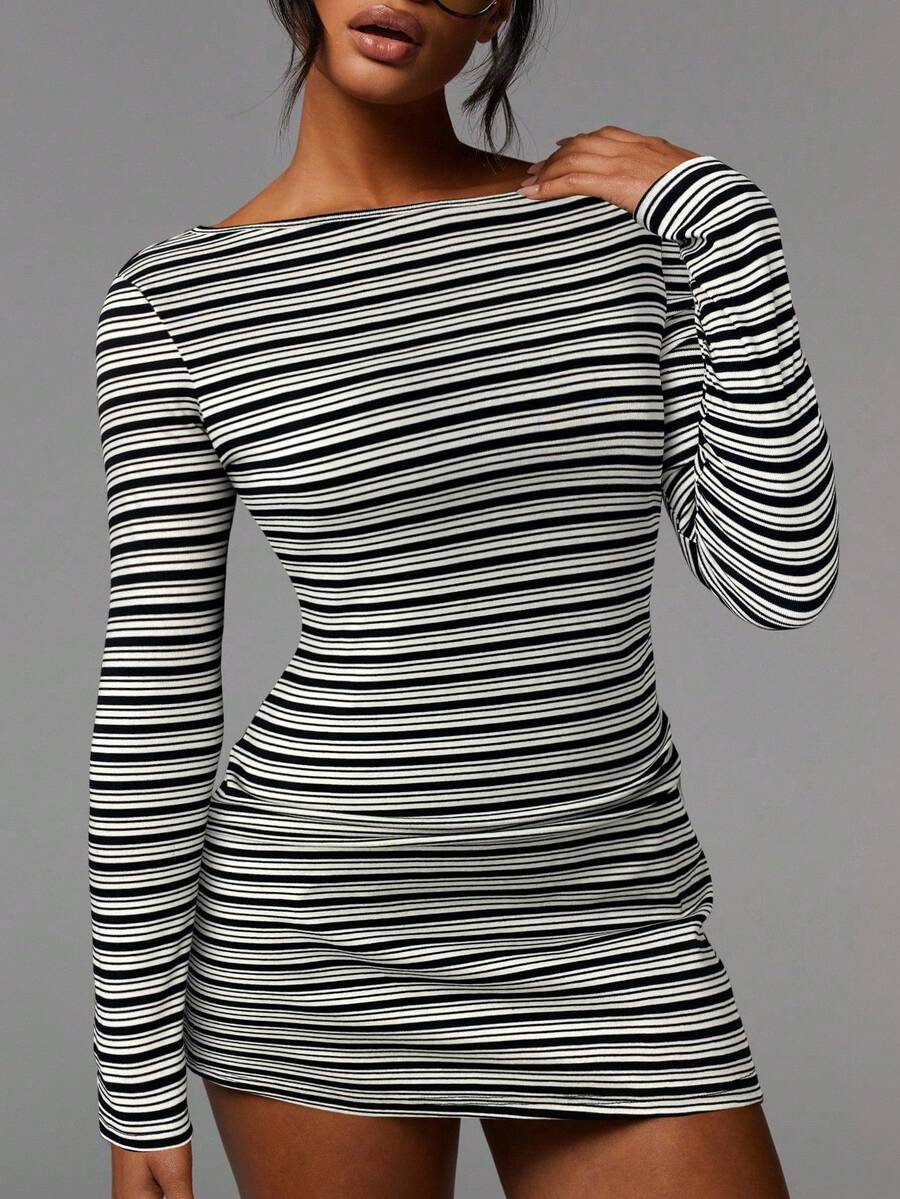 Striped Ribbed Mini Dress Boat Neck Long Sleeve Trendy Fit