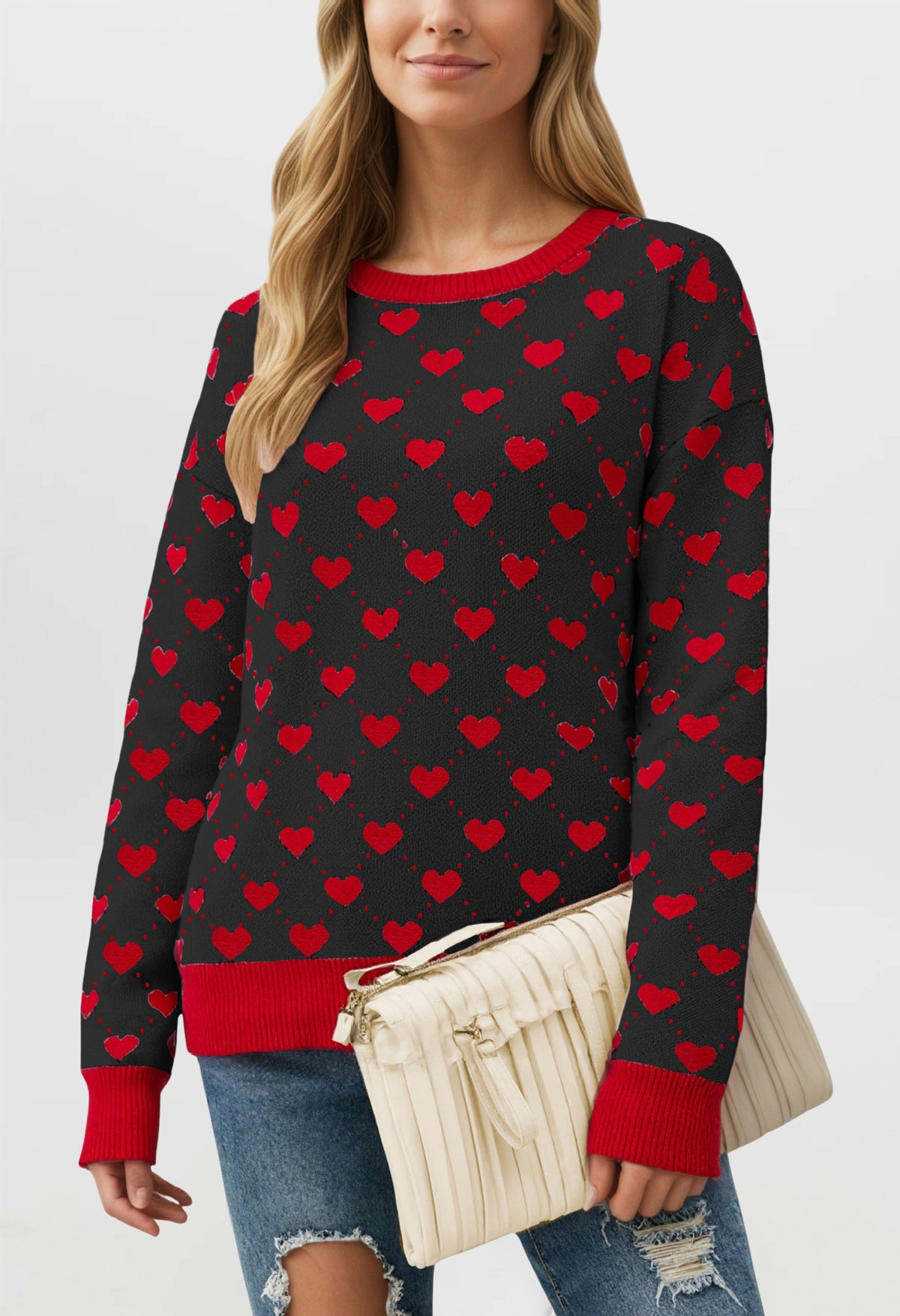 Women's Heart Print Crewneck Sweater Oversized Pullover