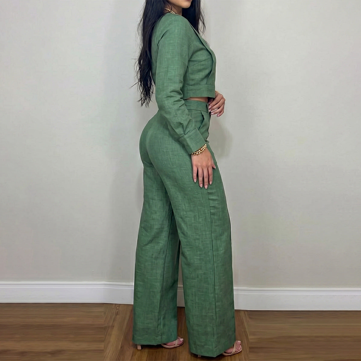 Women's Green 2 Piece Crop Top Wide Leg Pants Set