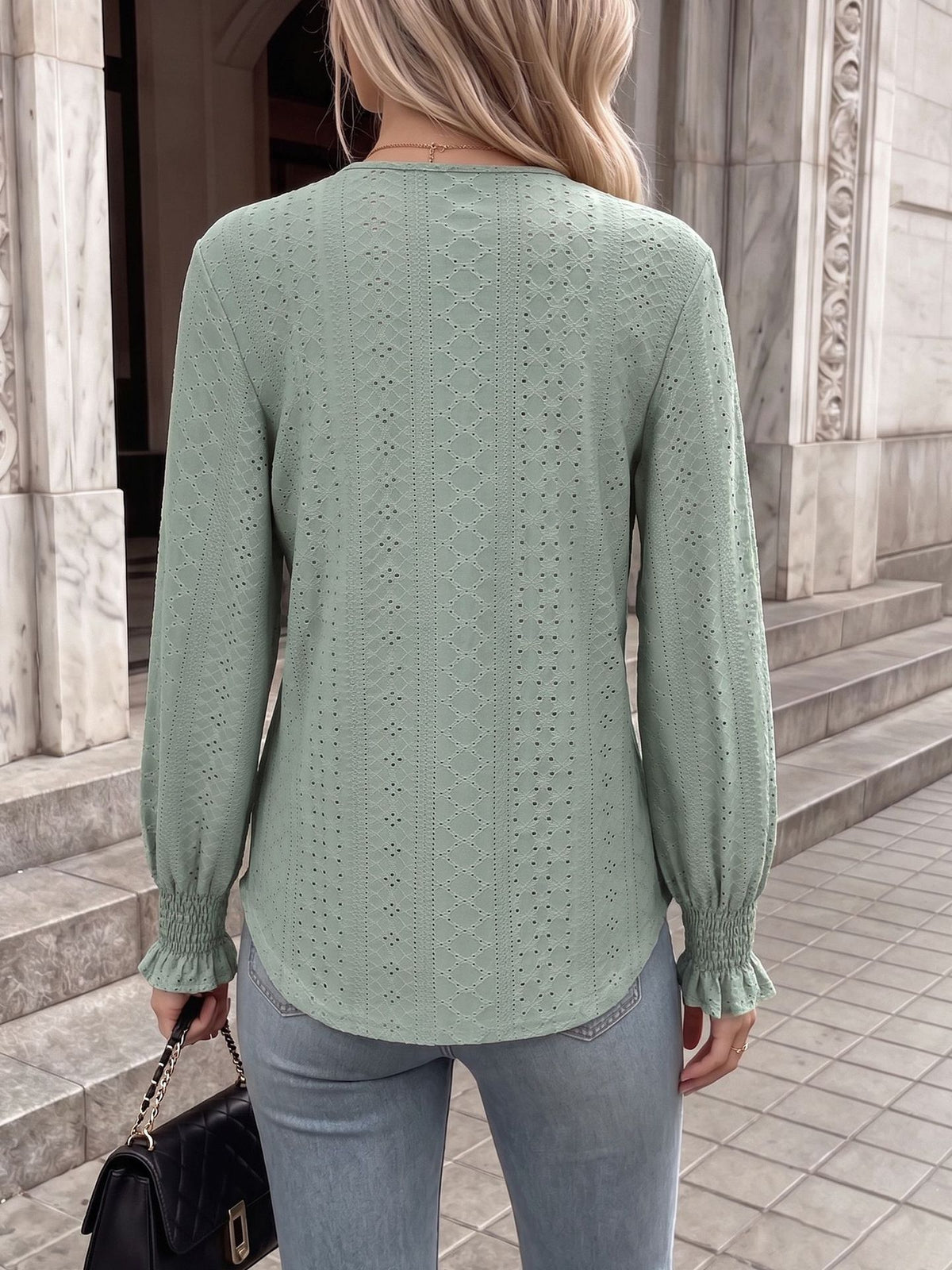 Women's V Neck Lace Trim Eyelet Long Sleeve Blouse