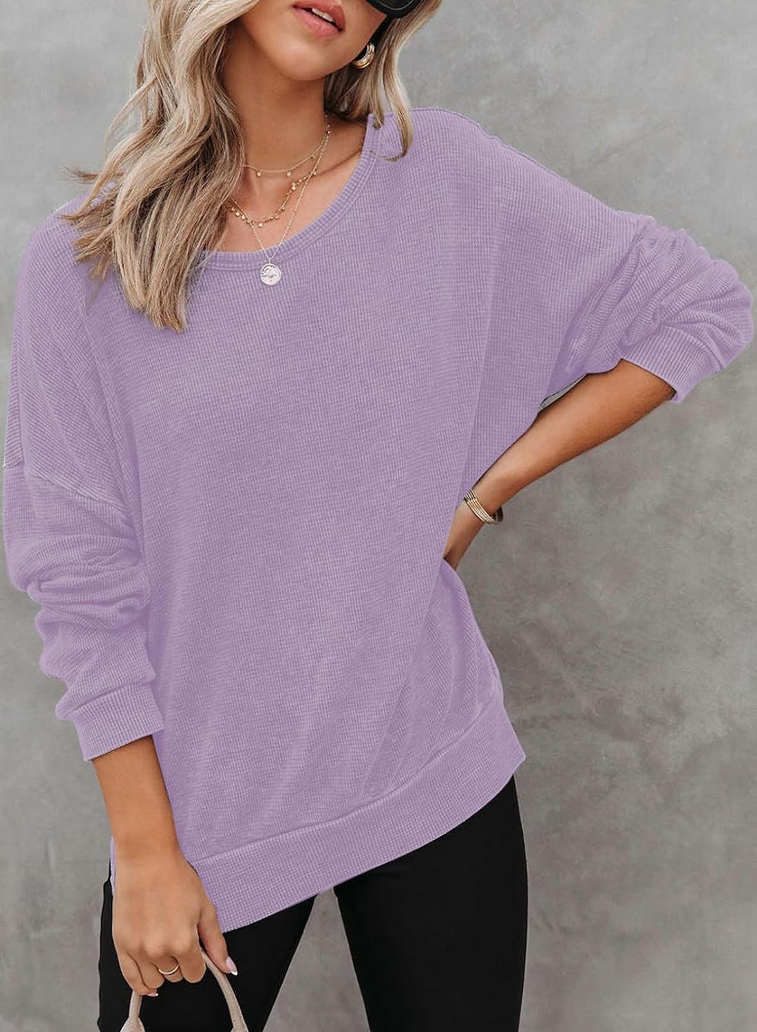 Solid Waffle Top Casual Oversized Drop Shoulder Pullover