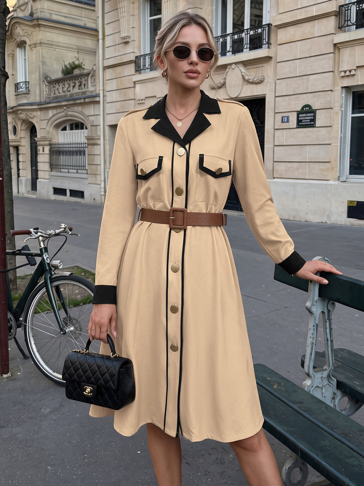 Women's Colorblock Blazer Midi Dress Belted Long Sleeve