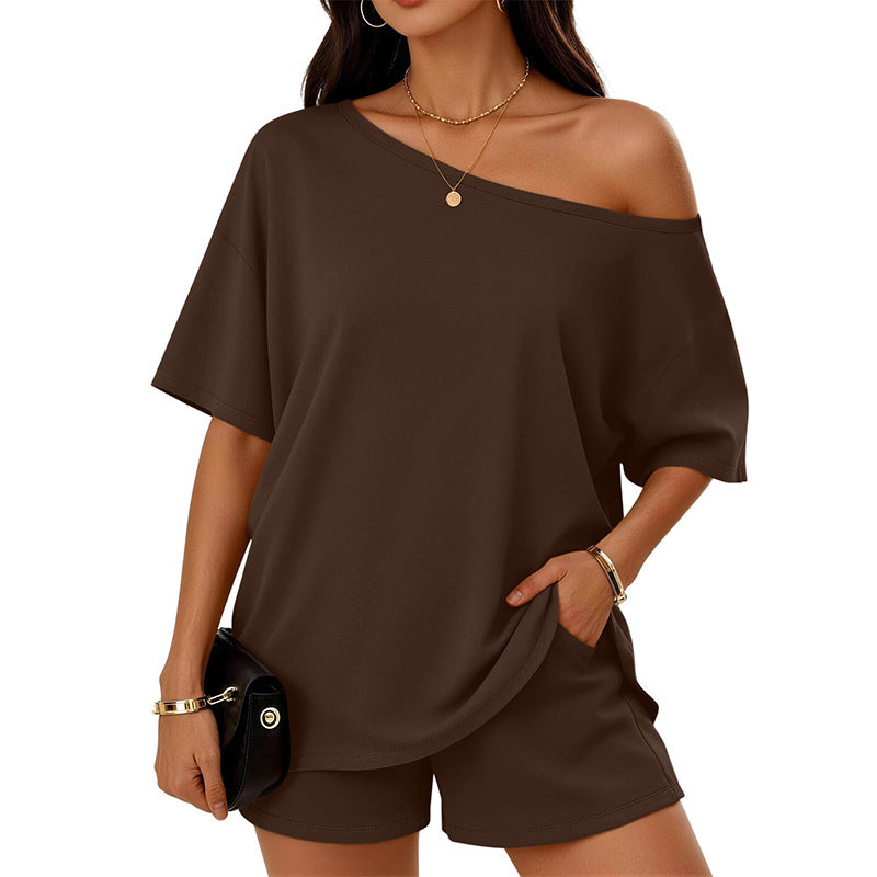 Women's Off Shoulder Lounge Set Casual Two Piece Shorts Outfit