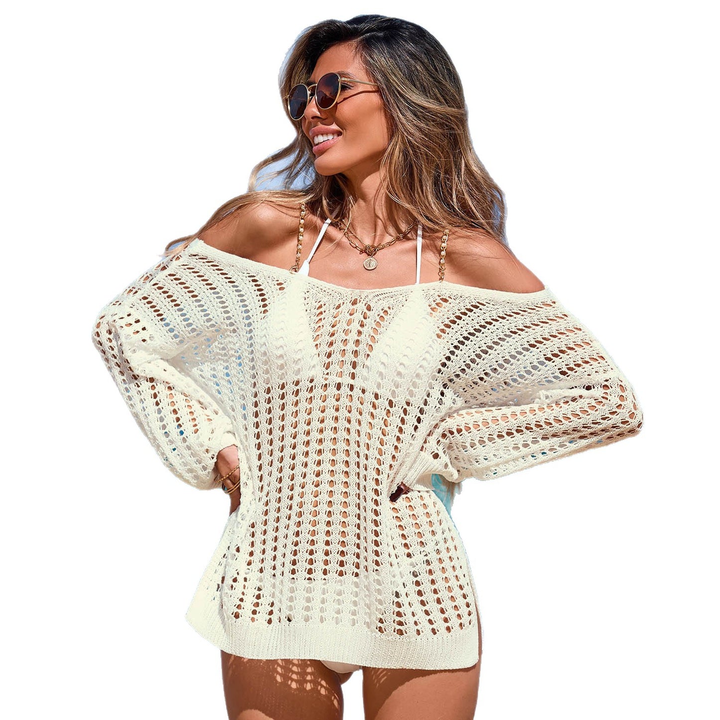 Women’s V Neck Open Knit Beach Cover Up Sweater Dress