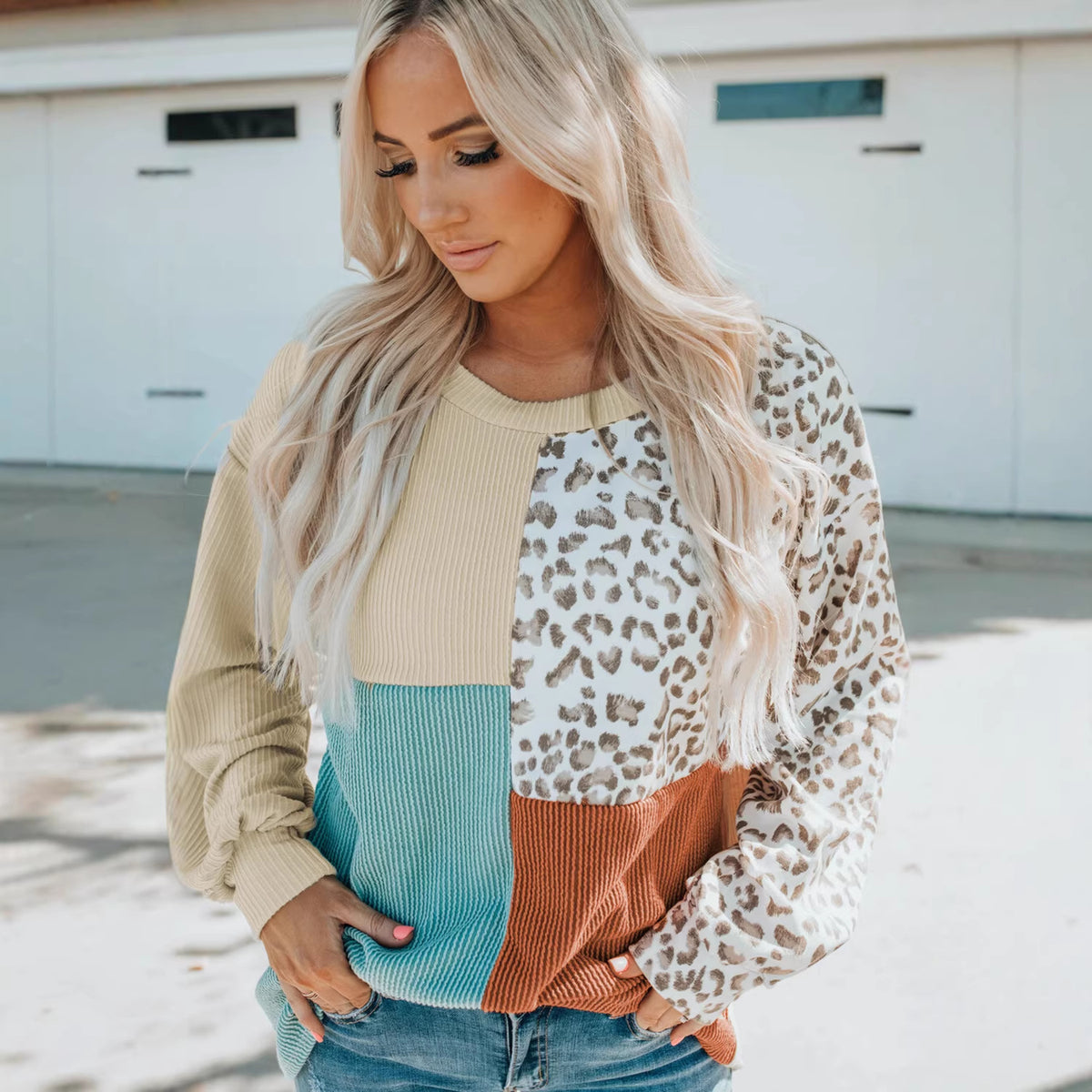 Women's Color Block Leopard Long Sleeve Knit Pullover