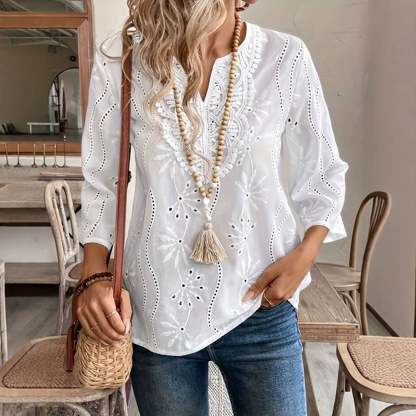 Embroidered Eyelet V Neck Three Quarter Sleeve Blouse