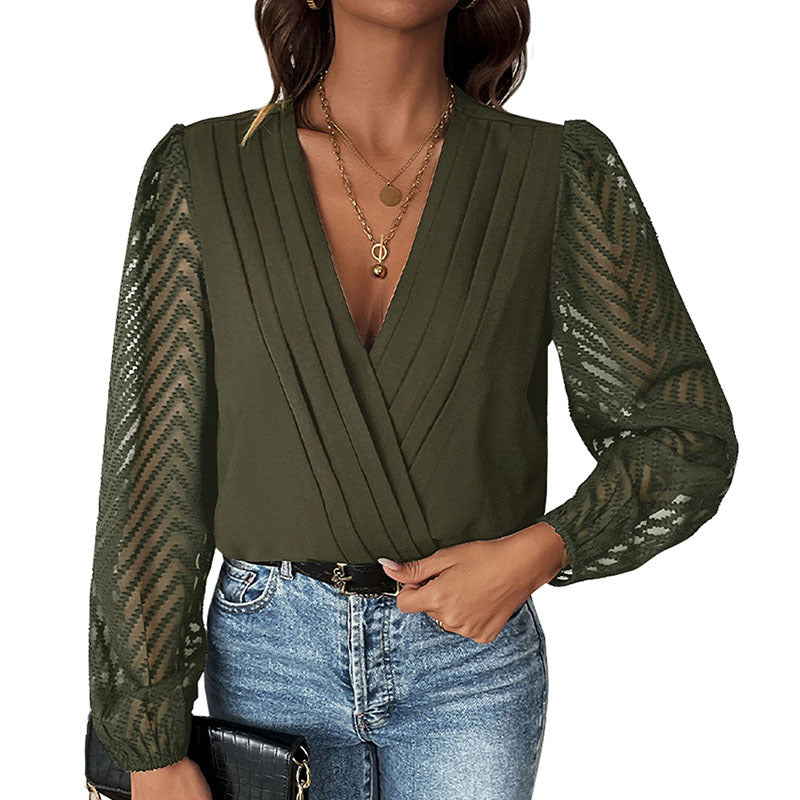 Elegant V Neck Lace Long Sleeve Bodysuit for Women