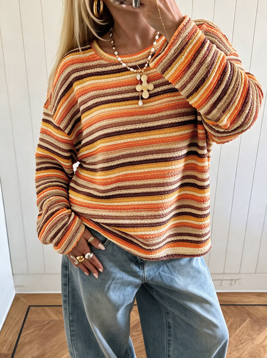Women's Colorful Striped Knit Sweater Long Sleeve Casual