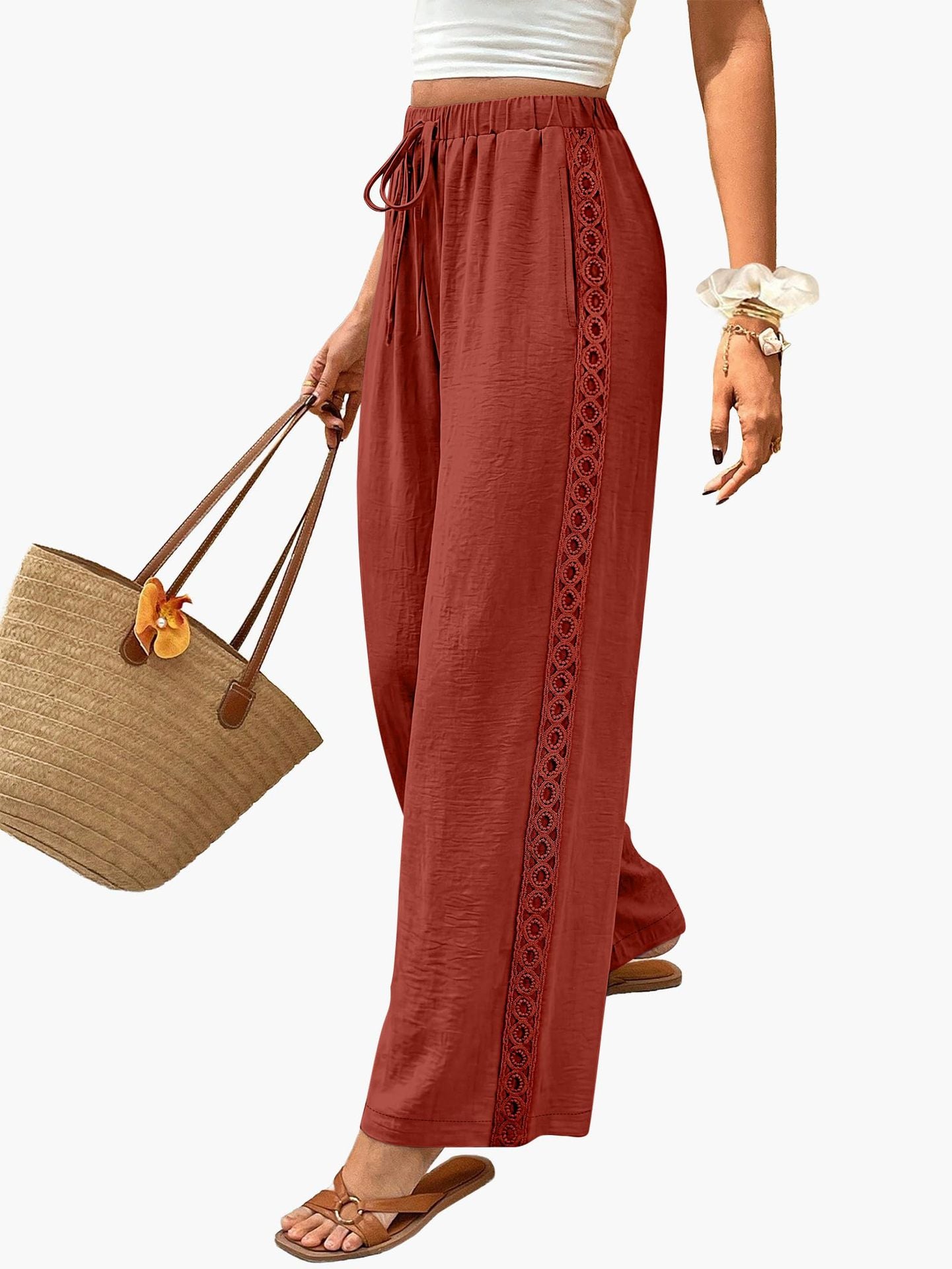 Women Lace Trim Drawstring Wide Leg Casual Pants