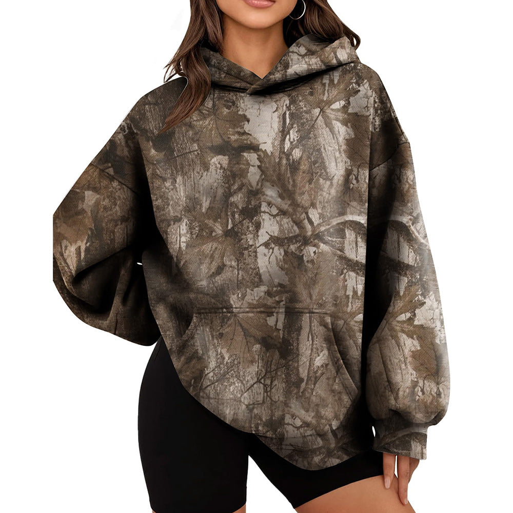 Camo Leaf Print Hoodie Women Oversized Casual Pullover