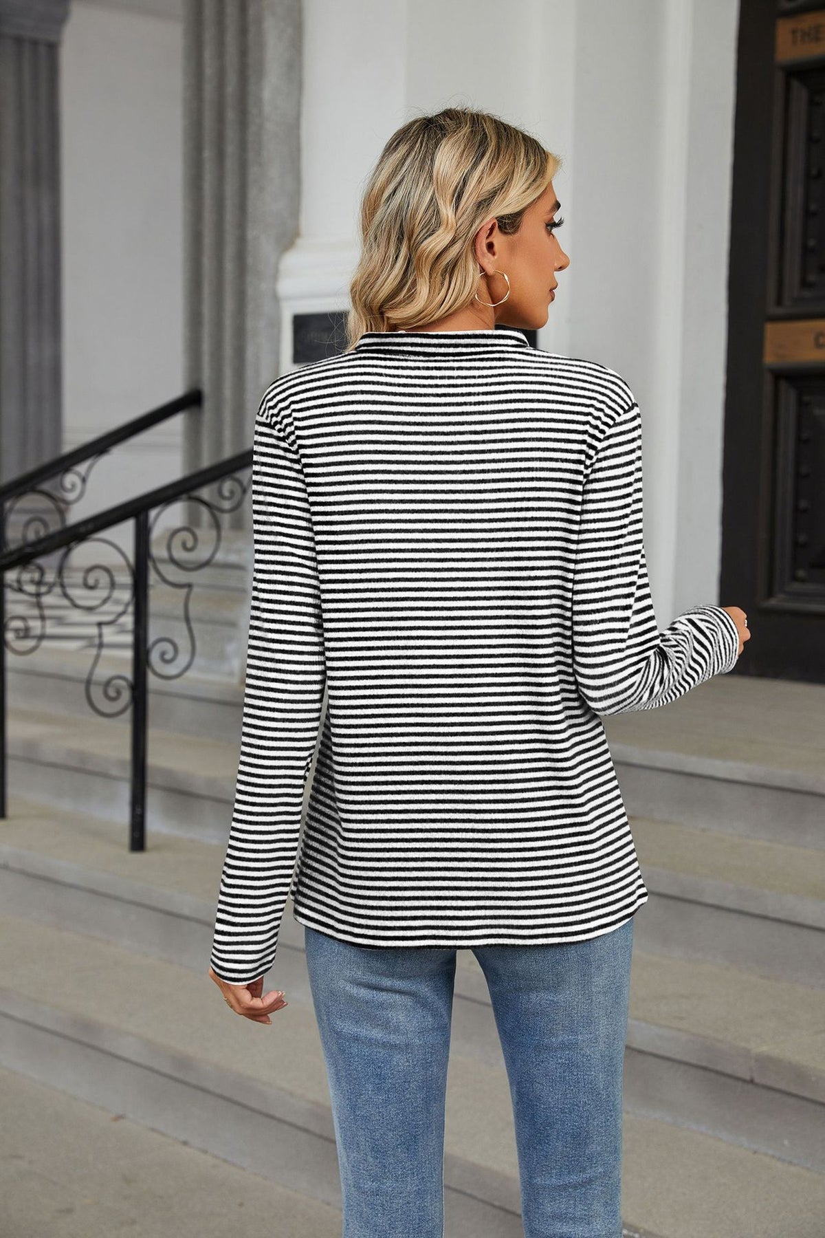 Women's Striped V Neck Button Long Sleeve Loose Casual Top