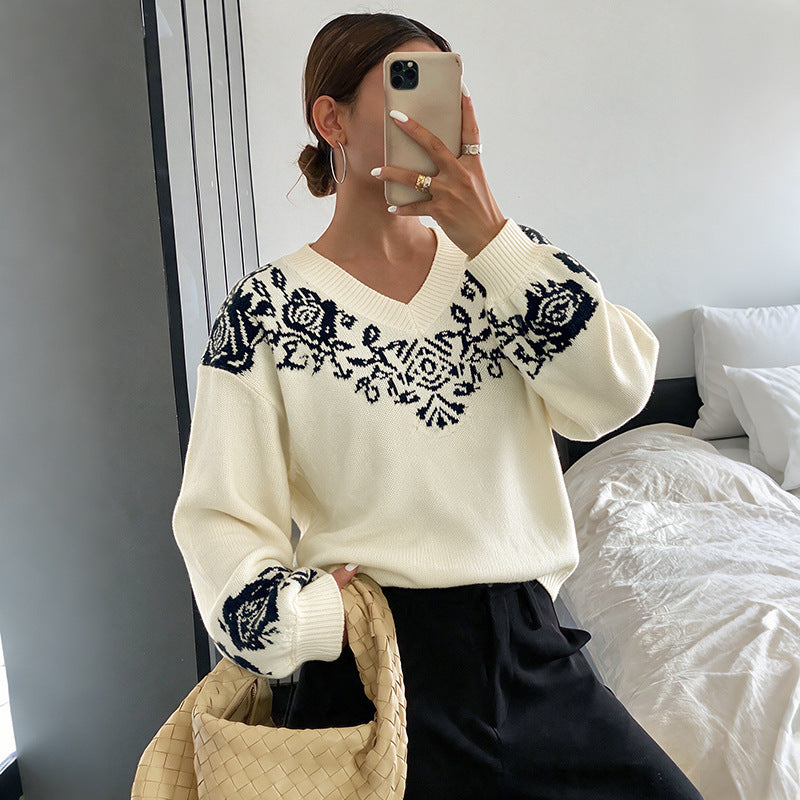 Women's Oversized V-Neck Rose Sweater Vintage Knit Pullover