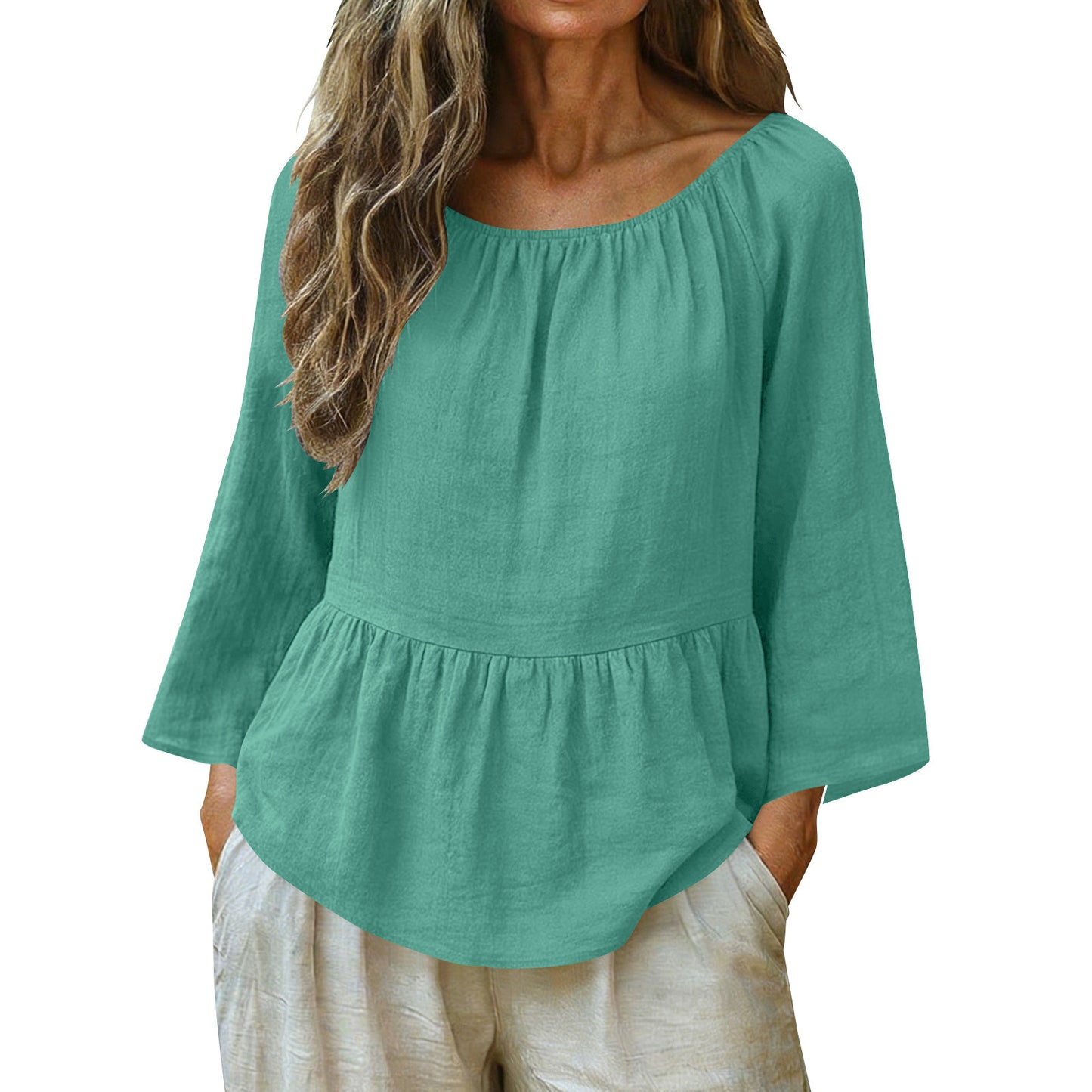 Solid Linen Blend Blouse Boho Peplum Long Sleeve Top