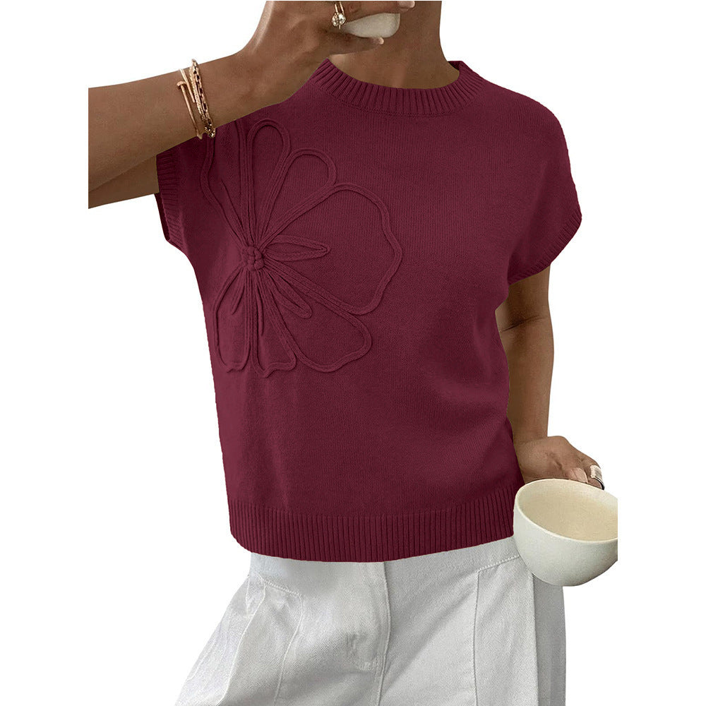 Womens 3D Floral Knit Top Short Sleeve Pullover