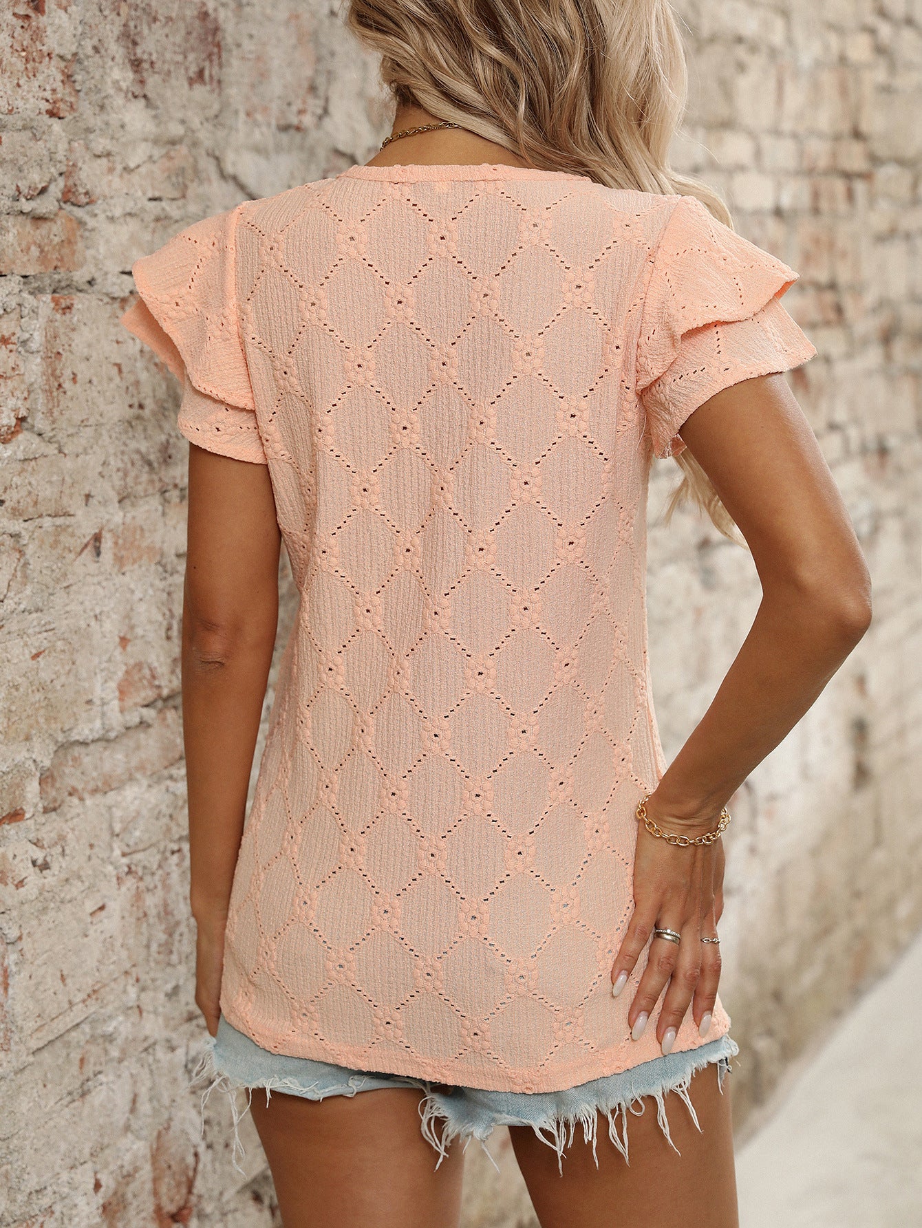 V Neck Eyelet Ruffle Sleeve Knit Summer Casual Top