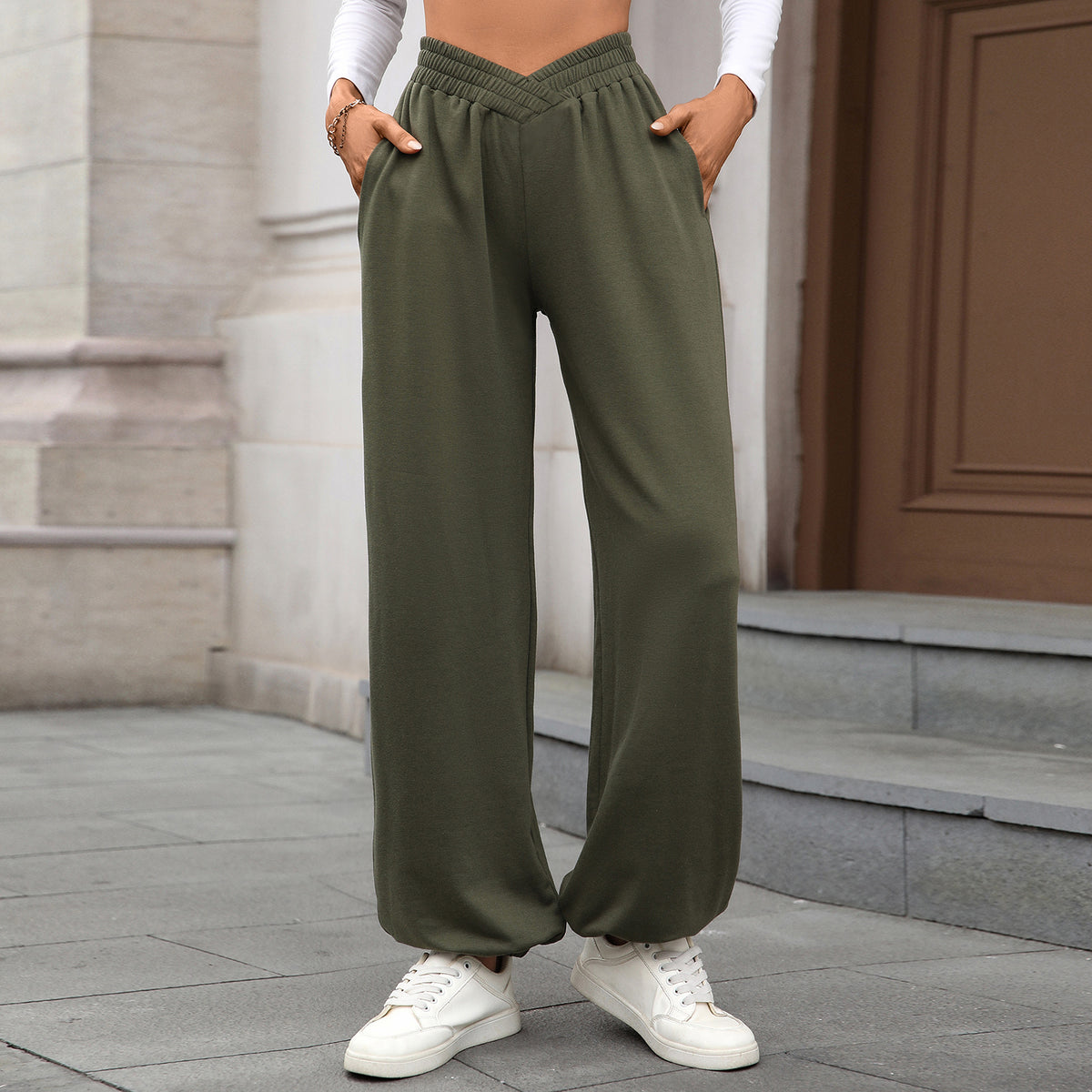 Women's Crossover Waist Joggers with Pockets Loose Fit