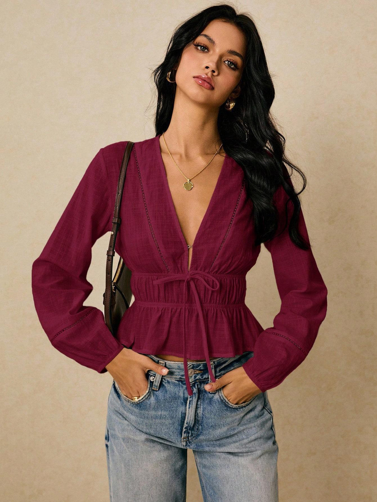 Women's Deep V Neck Eyelet Tie Front Peplum Blouse
