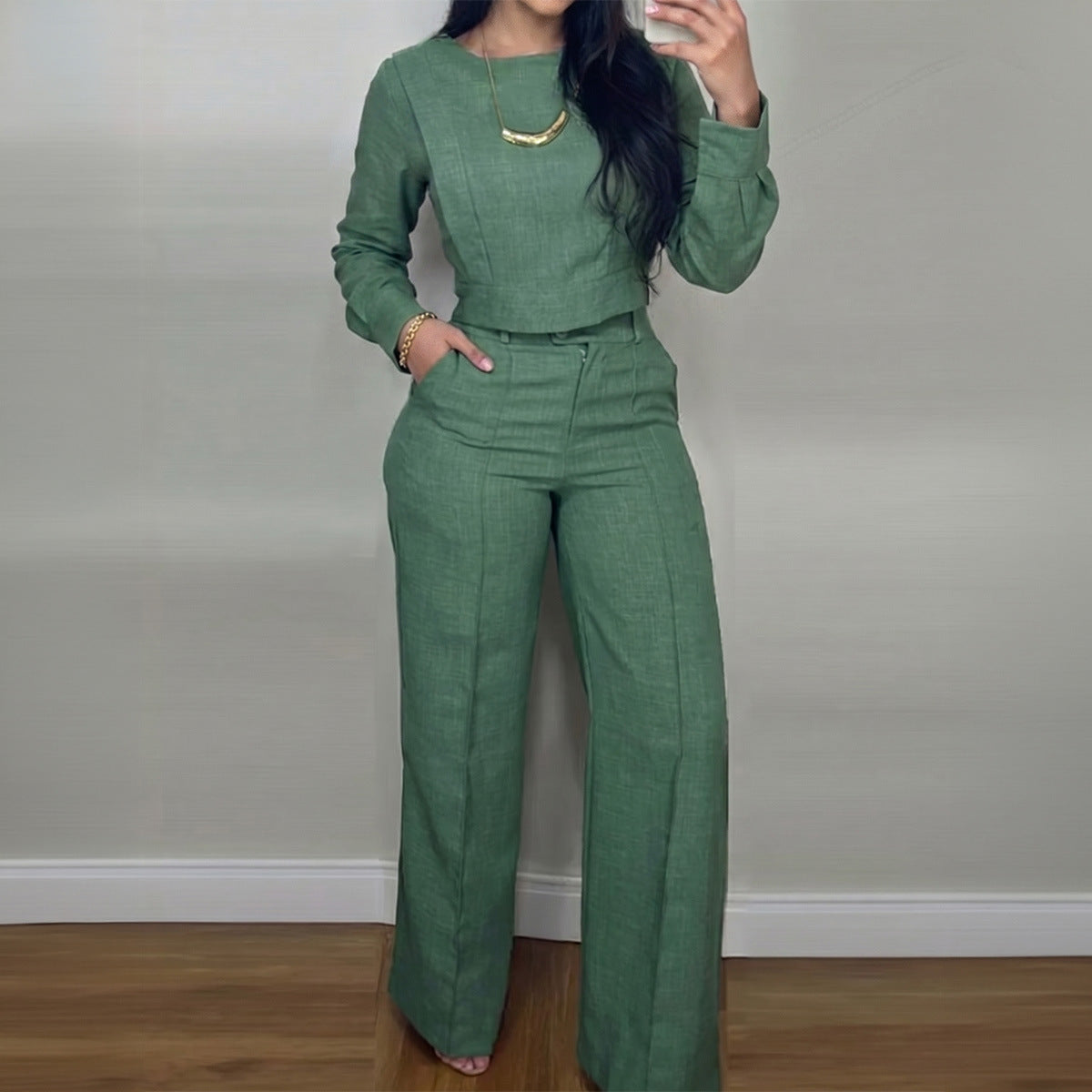 Women's Green 2 Piece Crop Top Wide Leg Pants Set