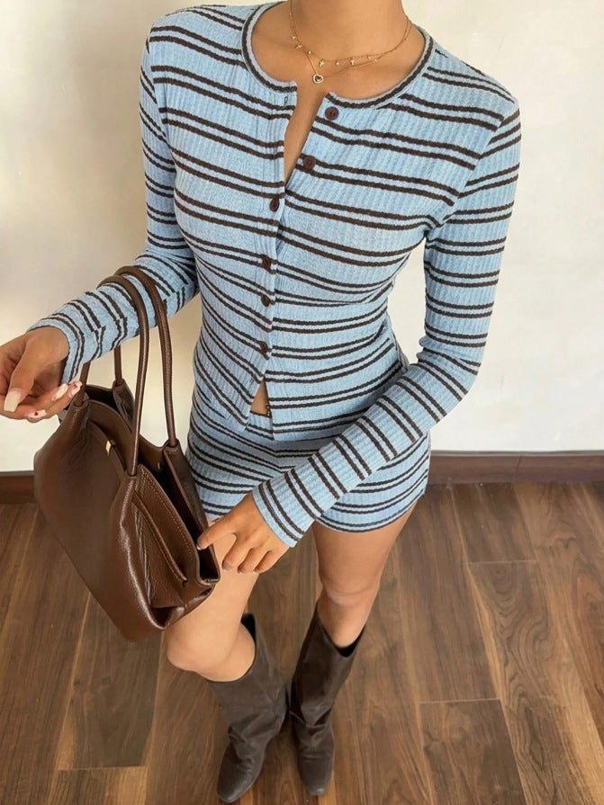 Striped Knit Lounge Set Boutique Henley Fitted Shorts