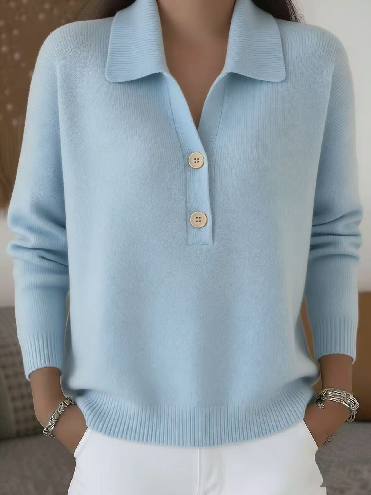 Solid Knit Polo Collar Sweater Button Front Relaxed Fit