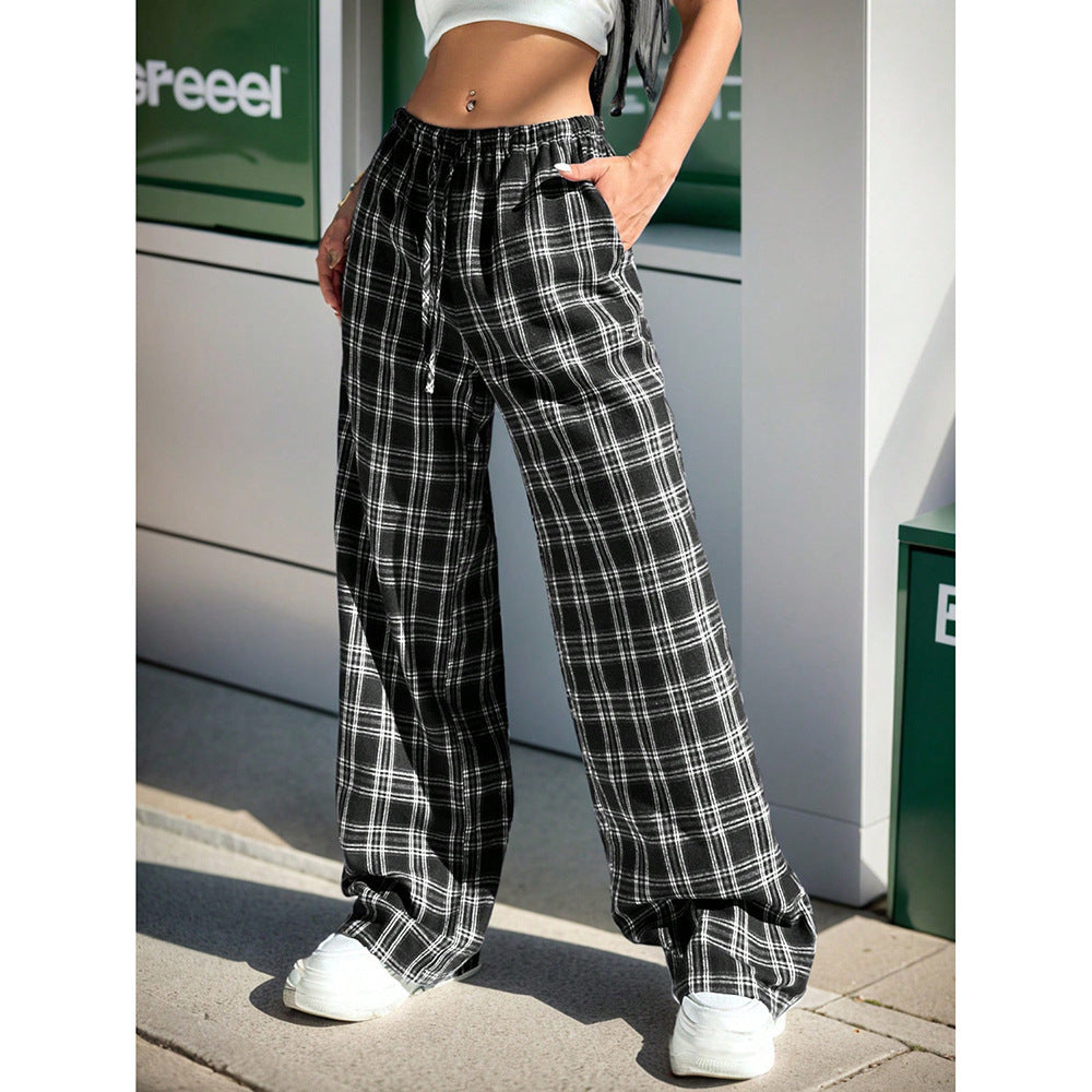 Gingham Check Wide Leg Casual Pants