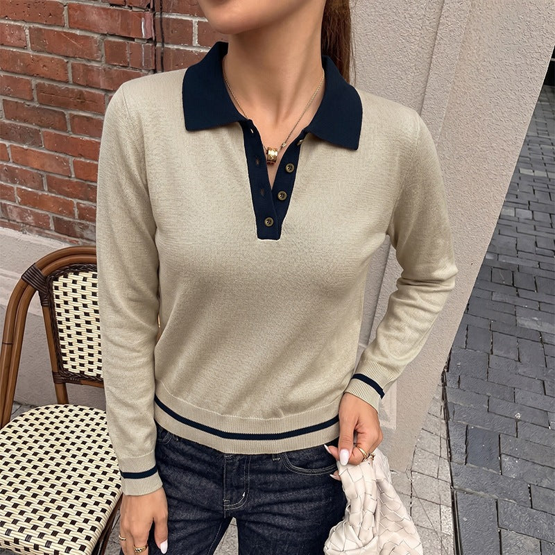 Contrast Polo Collar Knit Sweater Long Sleeve Casual Top