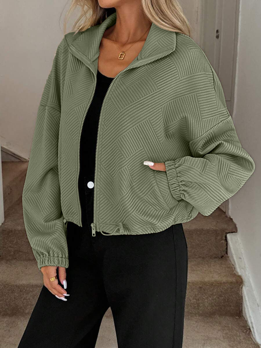 Textured Polyester Jacket Casual Bomber Oversized Zip Up