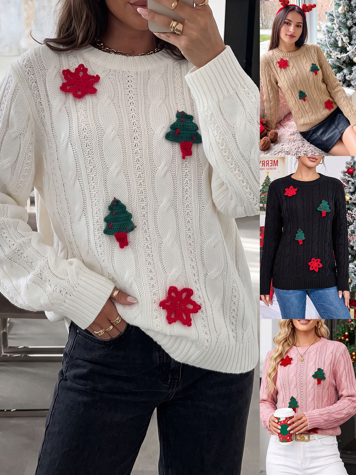 Women's Christmas Tree Snowflake Cable Knit Sweater