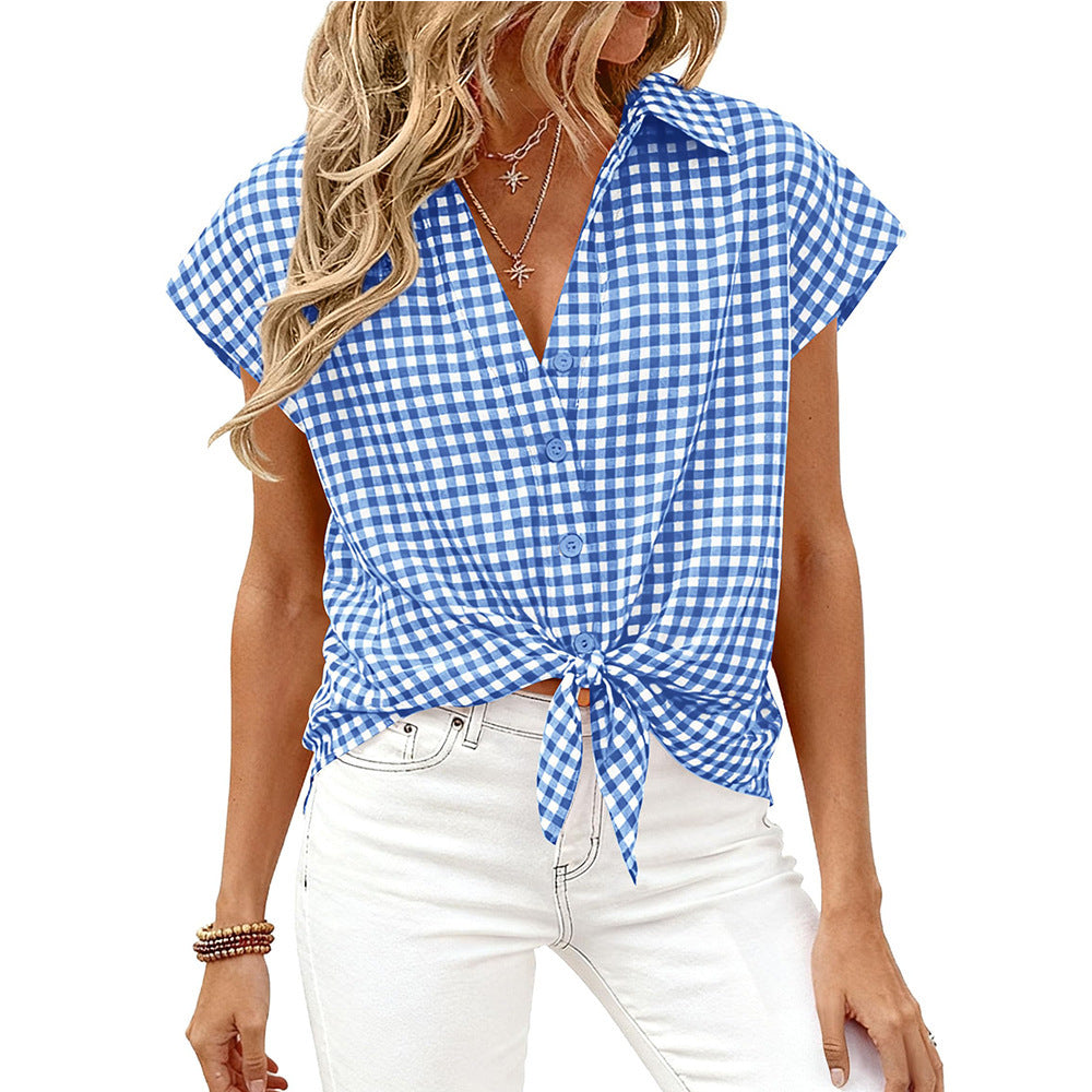 Women Gingham Button Down Summer Top Loose Fit Blouse
