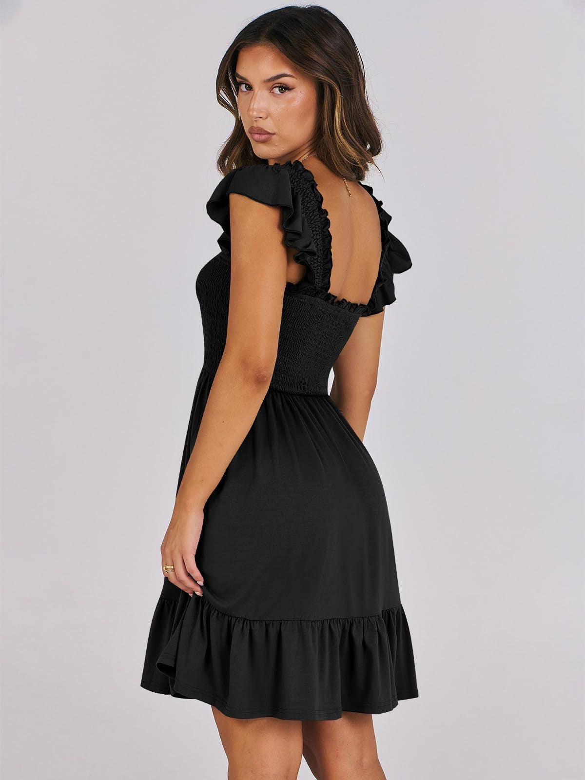 Women’s Smocked Square Neck Ruffle Sleeve Mini Dress Casual Summer Flowy A Line Dress