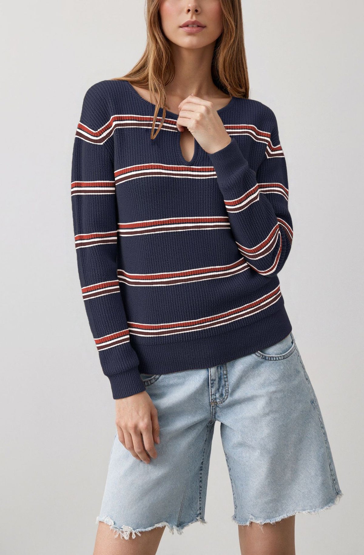 Women's Striped Keyhole Crew Neck Knit Sweater