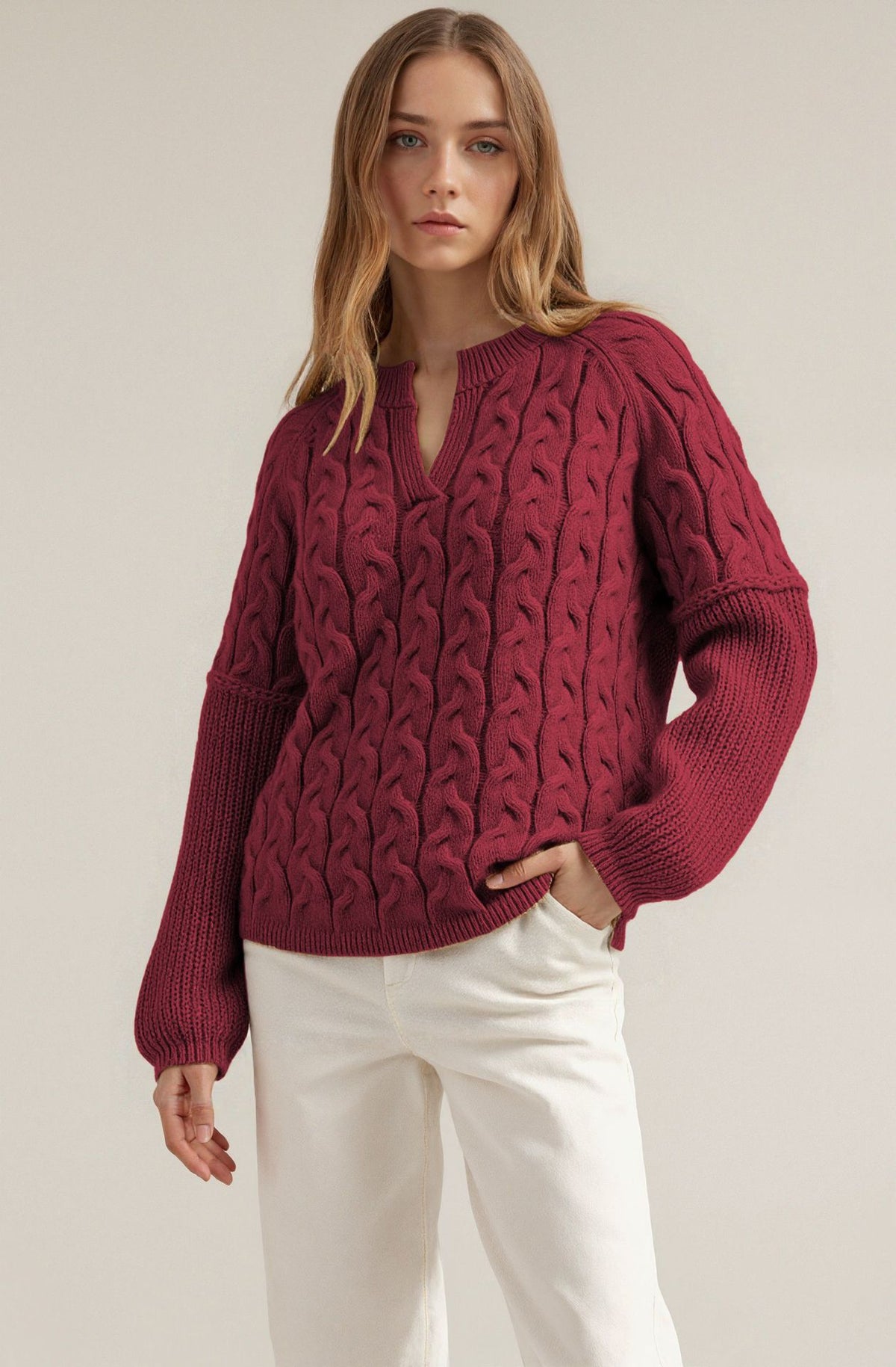 Women's Chunky Cable Knit V Neck Pullover Sweater