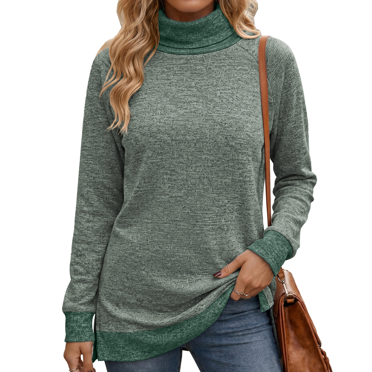 Color Block Turtleneck Long Sleeve Side Split Tunic Top