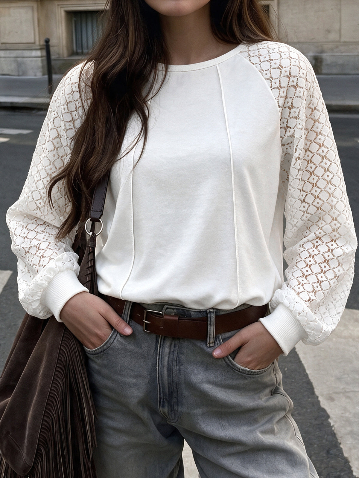 Women's Lace Raglan Sleeve Sweatshirt Oversized Top