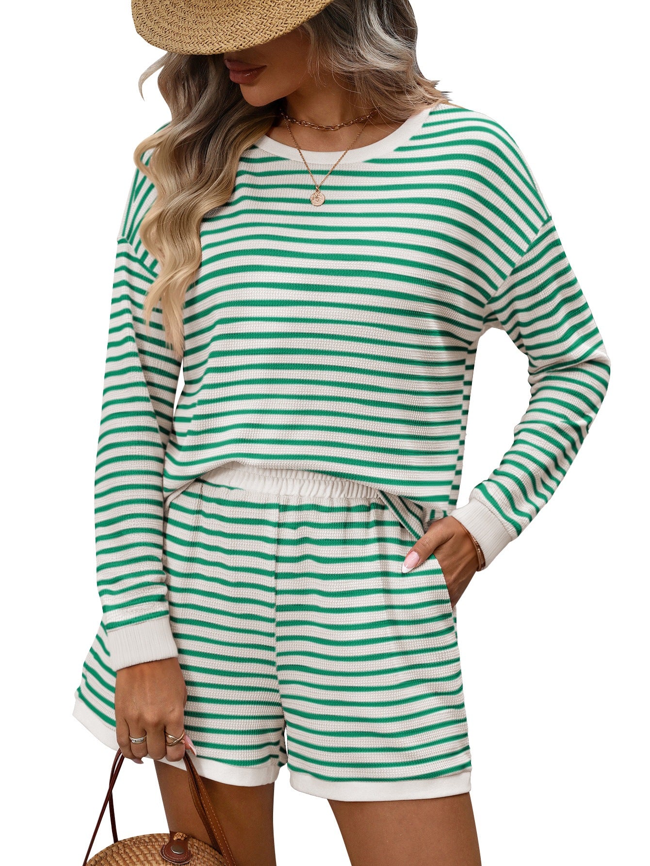 Striped Waffle Knit Two Piece Set Long Sleeve Top Shorts