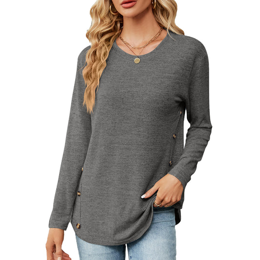 Womens Loose Crewneck Button Side Long Sleeve Tunic Tee