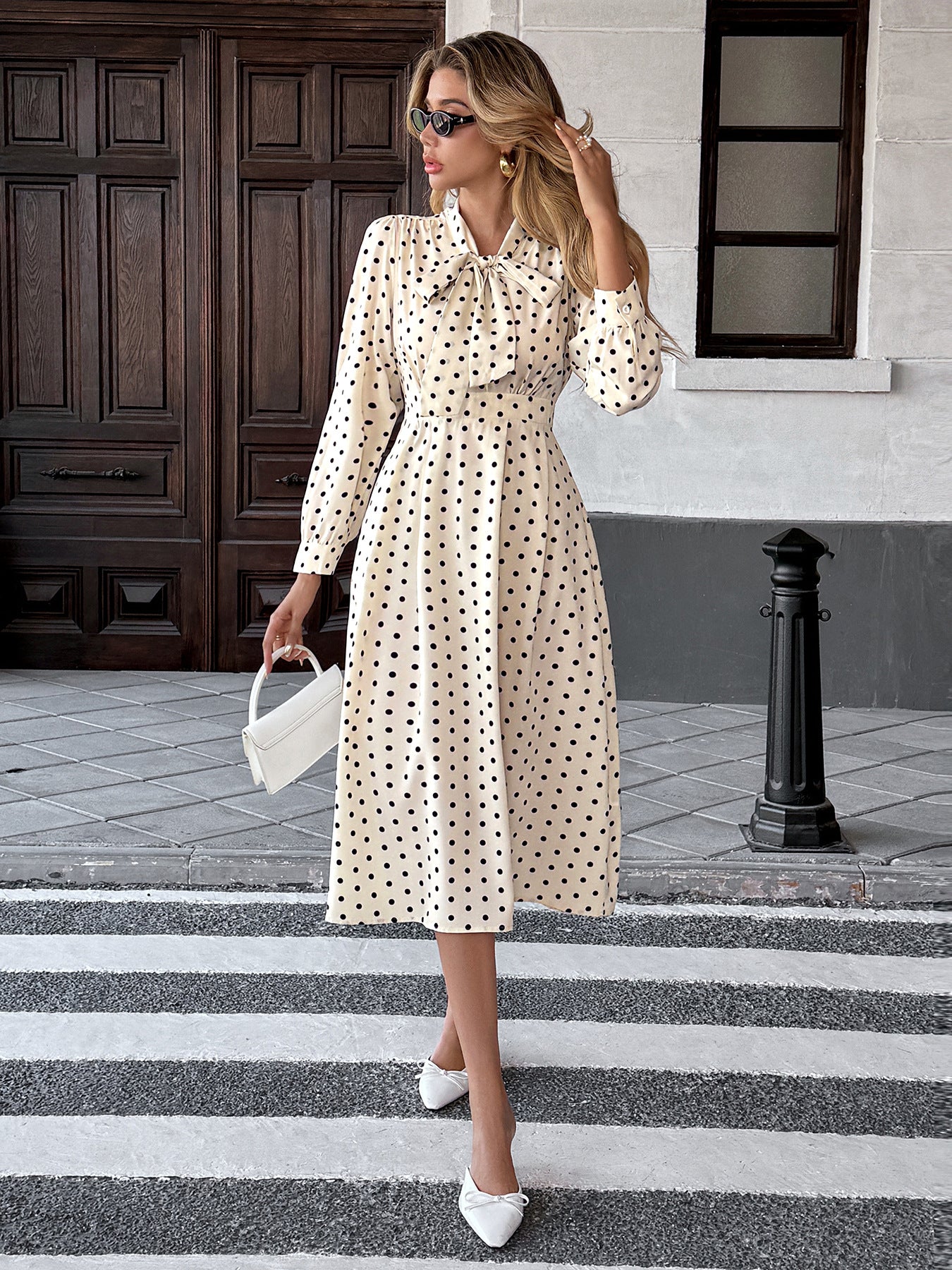 Polka Dot Bow Tie Neck Dress Long Sleeve Vintage Midi