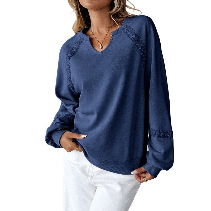 Lace Detail Oversized Sweatshirt Split Neck Long Sleeve Top