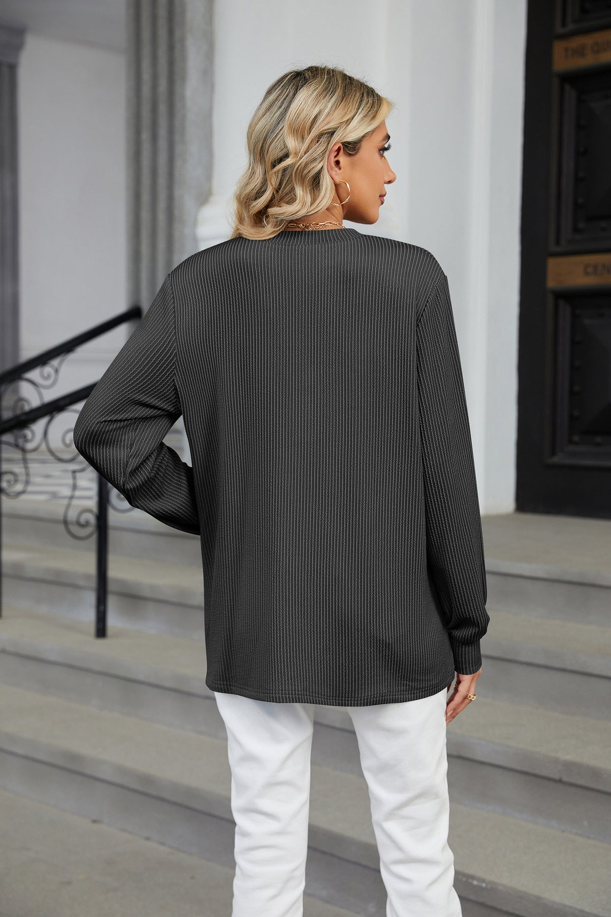 Women's Loose V Neck Button Long Sleeve Ribbed Top