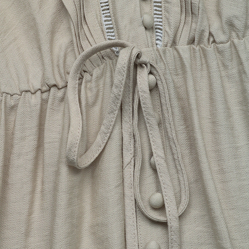 Solid Color Summer V Neck Sleeveless Midi Dress with Drawstring Waist