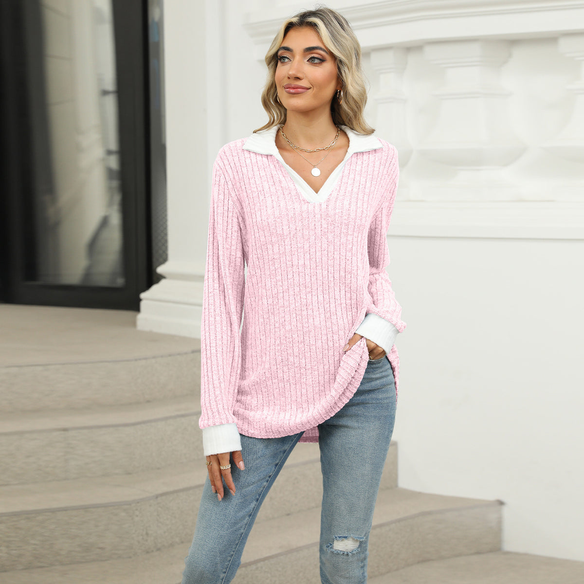 Women's Color Block Collar Long Sleeve Oversized Knit Top