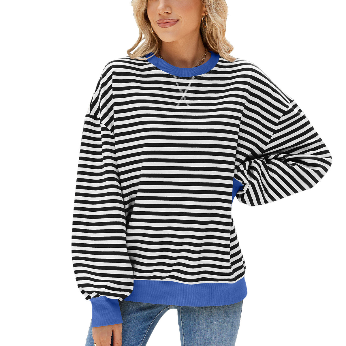 Women's Striped Color Block Oversized Crewneck Sweatshirt