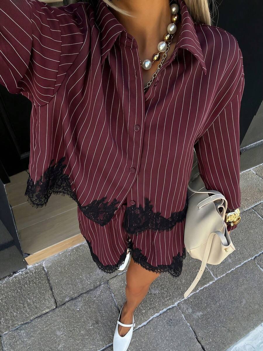 Striped Button Down Shirt & Lace Trim High Waist Shorts Set