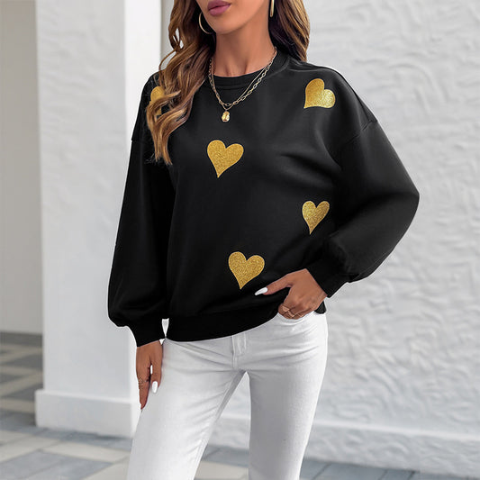 Black Gold Heart Print Long Sleeve Casual Sweatshirt