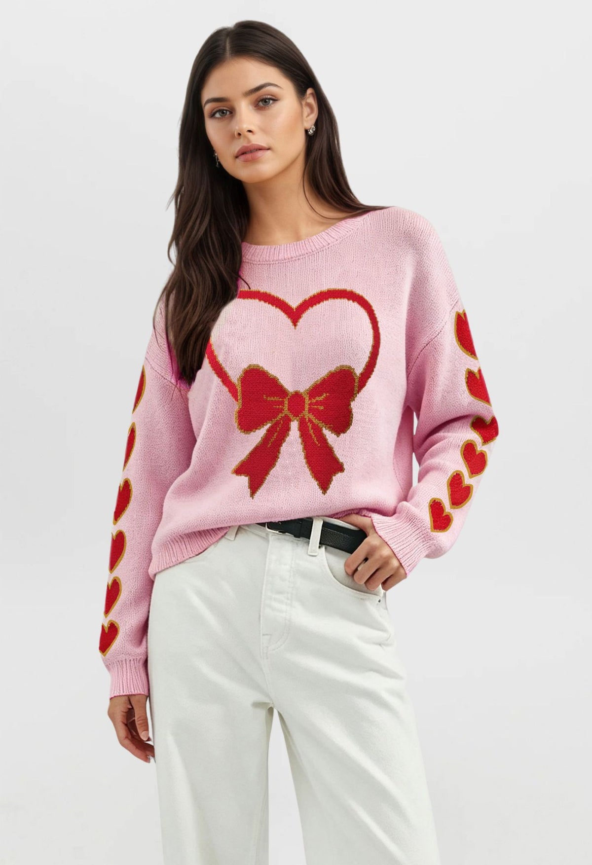Women's Heart Bow Sweater Valentine Crewneck Knit Pullover
