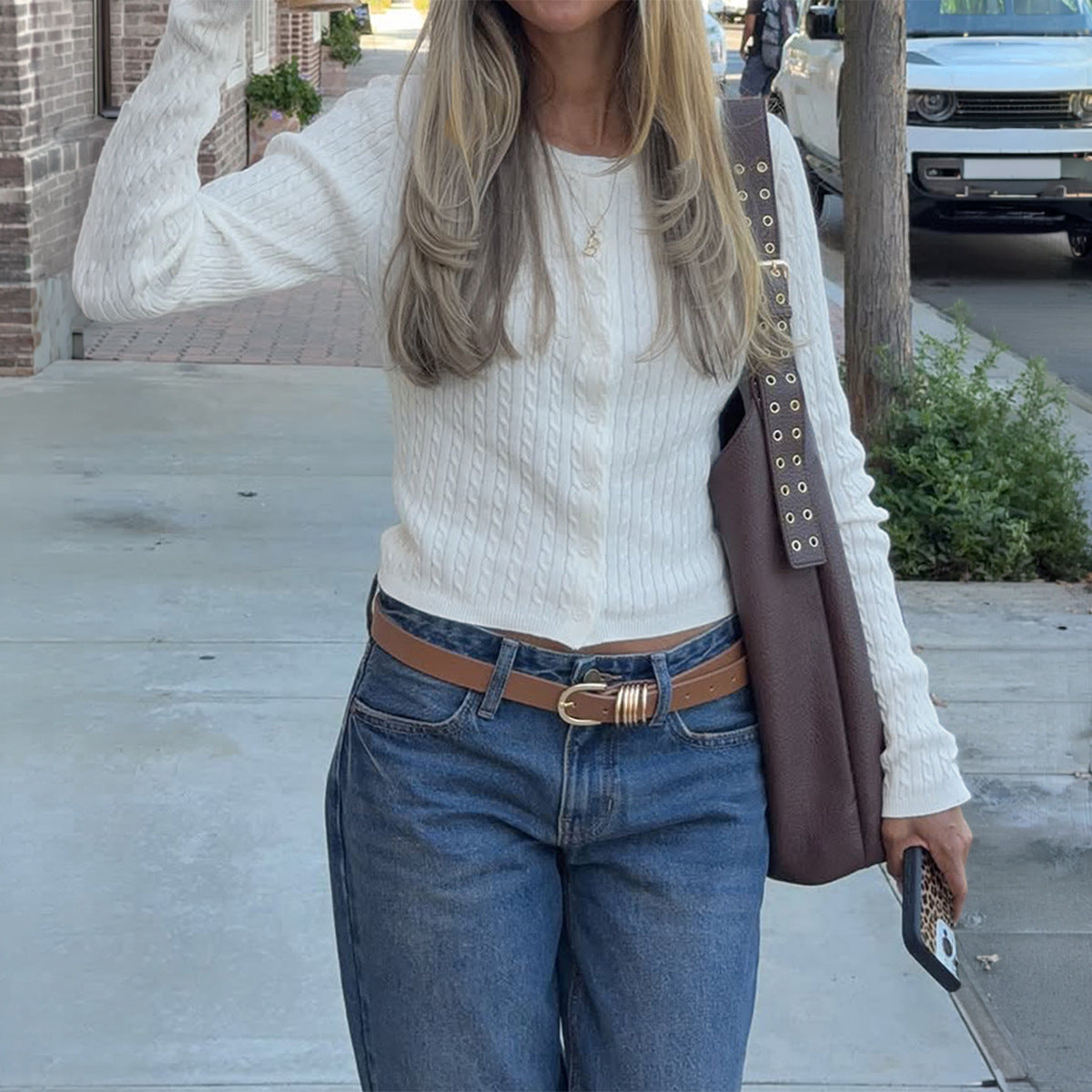 Vintage Cable Knit Cropped Button Front Cardigan