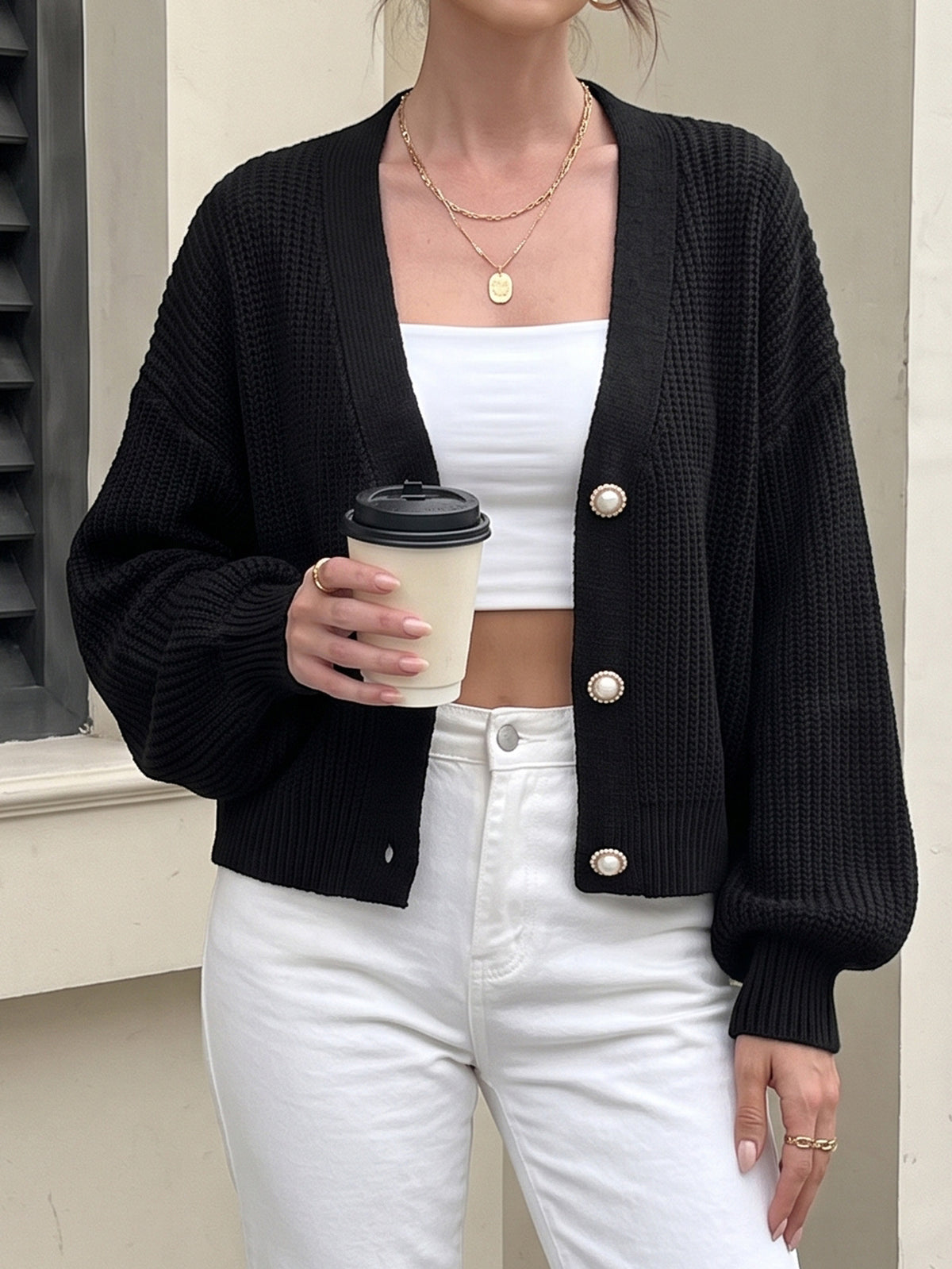 Women's Pearl Button Cropped V Neck Cardigan