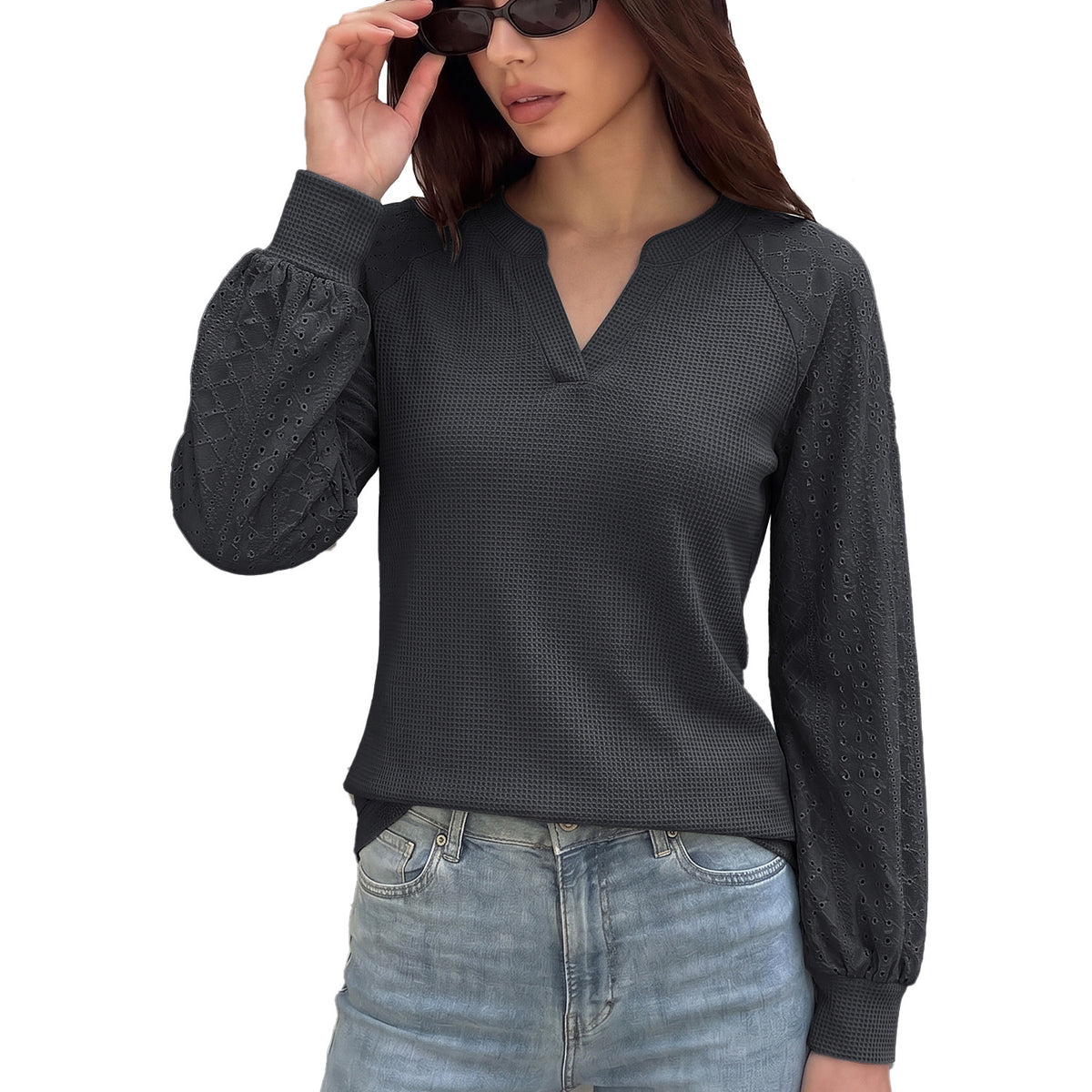 Waffle Knit V-Neck Eyelet Balloon Sleeve Casual Top